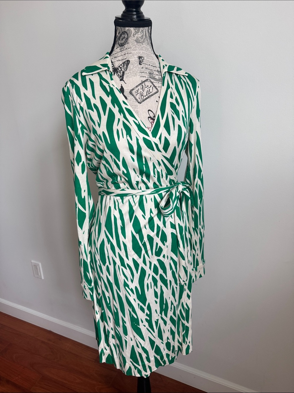 Diane Von Furstenberg Green and White Long Sleeve Wrap Dress